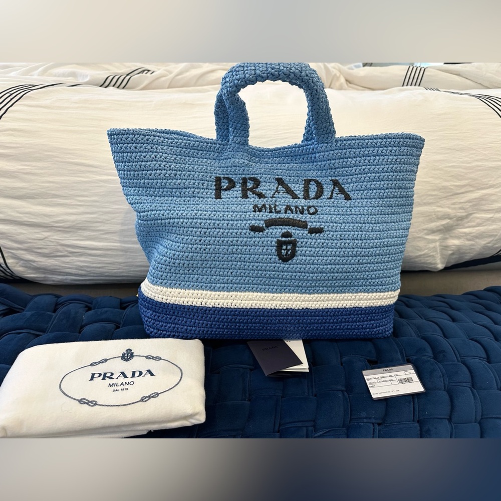 Prada Large Raffia Tote Beach Bag Shopping Light Blue - Picture 6 of 12